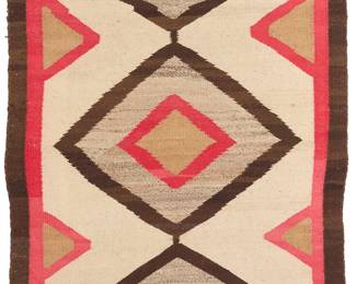 3282
A Gallup throw
Early/mid-20th century, Diné
With stacked concentric diamonds woven in red, cream, dark brown, light brown, and natural grey wool
56" H x 31.75" W
Estimate: $200 - $400