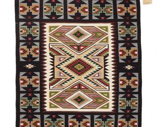 3256
A Darlene Littleben Navajo Teec Nos Pos rug
Darlene Littleben (b. 20th century, Diné)
Late 20th century
Woven in red, black, cream, green, orange, and ochre wool with an elaborate central panel of variously patterned diamonds and a wide border of elaborate stepped motifs
50" H x 40" W
Estimate: $600 - $900