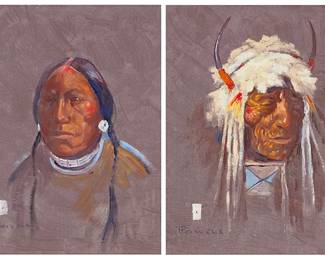 3106
Ace Powell
(1912-1978)
Two Portraits of Native American men
Each: Oil on canvasboard
Each: Signed and with the artist's device lower left: Powell
Each: 10" H x 8" W
Estimate: $1,000 - $1,500