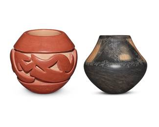 3367
Two Southwest Pueblo pottery jars
Two works:

Kathy "Wan Povi" Sanchez (b. 1950, San Ildefonso Pueblo)
A blackware sgraffito pottery vessel, late 20th/early 21st century
Incised to underside: Wan Povi
The burnished black vessel with highlights of sienna, featuring sgraffito figural scenes including an Avanyu figure and a Koshare clown depicted riding a turtle with a bear
5" H x 5.5" Dia.

A Santa Clara Pueblo redware pottery jar, late 20th/early 21st century
Incised to underside: Mary / S.C.P.
With deeply carved Avanyu motif with matte slip-paint to the carved areas
5.25" H x 5.75" Dia.

2 pieces
Estimate: $200 - $300