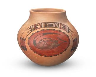 3337
Priscilla Namingha Nampeyo (1924-2008, Hopi-Tewa)
A polychrome pottery jar, mid/late 20th century
Signed to underside: Priscilla N. Nampeyo
The three-color jar with two red and black bands of geometric motifs terminating in feathers, above two black bird figures in a red ground cartouche, all on a cream slip ground
5.25" H x 6" Dia.
Estimate: $600 - $900