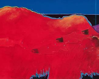 3064
Jim Nelson
(1943-2022)
"Top of the Order"
Offset lithograph in colors on paper
One of three artist's proofs (aside from the edition of 20)
Signed and numbered in blue pencil lower left: J. Nelson / AP 2/3; with the artist's signature and copyright printed in the image in the same location; titled on a paperboard plaque affixed to the lower portion of the overmat
Sight: 20.375" H x 42.125" W
Estimate: $400 - $600