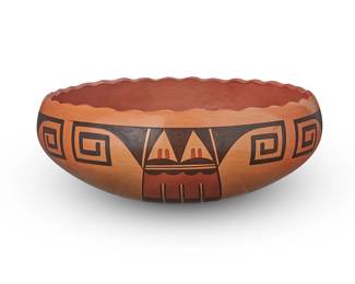 3343
Stetson Setalla (b. 1962, Hopi-Tewa)
A polychrome pottery low bowl, late 20th/early 21st century
Signed to underside: S. Setalla
The three-color bowl with piecrust rim above red and black dragonfly motifs to interior and geometric motifs to exterior
4.375" H x 11.875" Dia.
Estimate: $300 - $500
