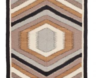 3280
A Navajo regional rug
Late 20th/21st century, Diné
Woven in brown, tan, light grey, dark grey, cream, and black wool in an optical style with finely serrated concentric diamonds radiating from the center
46" H x 27" W
Estimate: $300 - $500