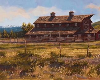3015
Don Brown
(20th century)
"Old Red Barn," 2000
Oil on canvas
Signed and dated lower right: © Brown 2000; titled, numbered, and inscribed, all verso: #040008 / (Barn Near Sisters, Oregon)
15" H x 30" W
Estimate: $600 - $800