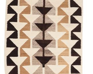 3229
A Navajo regional weaving
Mid/late 20th century, Diné
Tag indicates weaver as Dineh Hathale
An optical style weaving in white, black, tan with rows of stacked triangular arrow motifs
35" H x 29" W
Estimate: $200 - $400