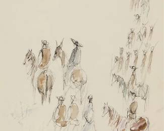 3103
Ted De Grazia
(1909-1982)
"20 Soldiers, 2 Chaplin, Mule Train, Battle," 1966
Ink and watercolor wash on paper
Signed and dated in ink, lower right: De Grazia / 1966; titled in pencil along the lower edge
Sight: 10.75" H x 7.5" W
Estimate: $1,000 - $1,500