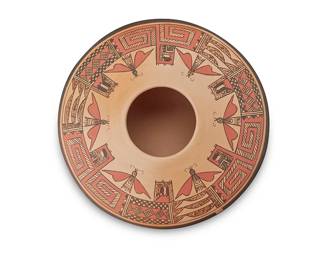 3339
James Garcia Nampeyo (1958-2019, Hopi-Tewa)
A polychrome pottery jar, late 20th/early 21st century
Signed to underside: James G Nampeyo / [corn cipher]
The three-color jar with red and brown bands of moths and geometric motifs to shoulder over a beige slip ground
3.375" H x 7" Dia.
Estimate: $400 - $600