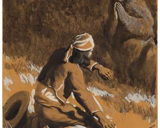 3131
Maynard Dixon
(1875-1946)
"Hunter and Bear," 1916
Gouache on paperboard
Signed and dated in pencil lower left: Maynard Dixon / 1916; titled on a label affixed to the frame's backing paper; alternatively titled "Surprised by a Bear," on another label affixed to the frame's backing paper
Image/Paperboard: 16" H x 11" W
Estimate: $6,000 - $8,000