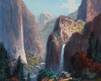 3018
Heinie Hartwig
(b. 1937)
"Yosemite View"
Oil on Masonite
With the incised signature lower left: Heinie Hartwig; titled verso
9" H x 7" W
Estimate: $600 - $800