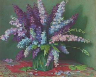 3082
Joseph Henry Sharp
(1859-1953)
"Delphiniums"
Oil on canvas
Signed lower right: JH Sharp; titled in pencil on the original backing board
25" H x 30" W
Estimate: $10,000 - $15,000