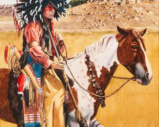 3070
Jim Thomason
(20th century)
"Reading Signs on the War Path," 1993
Watercolor on paper
Signed and dated lower right: Jim Thomason / '93; titled by repute
Sight: 14" H x 10.375" W
Estimate: $800 - $1,200