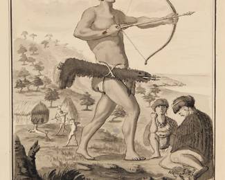 3118
Tomás de Suría
(1761-1835)
Monterey area Native American (Malaspina Expedition of 1789-94)
India ink and ink wash on laid paper, partial watermark of a heraldic shield and initials J H & Z
Signed in ink at lower right below the image: Tomas Suría; titled and/or inscribed at lower center below the image, partly indistinctly, including, "Indio de Monterrey" / "Borrador" (draft) annotation
Sight: 11.5" H x 8.75" W
Estimate: $3,000 - $5,000