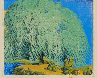 3083
Gustave Baumann
(1881-1971)
"Punch Hunting Chipmunks," 1926
Woodcut in colors on laid paper with the artist's hand-in-heart watermark
Number 60 from the third edition of 125 (there were also earlier editions of 100 and 120 impressions)
Signed "Gustave Baumann," titled, and numbered "III 60 125" in pencil, and with the artist's hand-in-heart red ink stamp, all in the lower margin
Image: 9.5" H x 11.25" W; Sheet: 12.375" H x 13.375" W
Estimate: $10,000 - $15,000