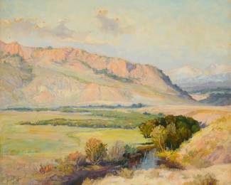 3164
Raphael Lillywhite
1891-1958
"The Hogback"
Oil on Masonite
Signed lower left: Raphael Lillywhite; titled on a label affixed to the frame's backing paper
25" H x 30" W
Estimate: $1,500 - $2,000