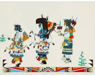 3107
Michael (Oyégi Pín) Padilla
(b. 1960, Tewa)
Three Native American dancers
Mixed media on Arches wove paper
Signed lower right: Oyégi Pín
Sheet: 19.5" H x 29" W
Estimate: $300 - $500