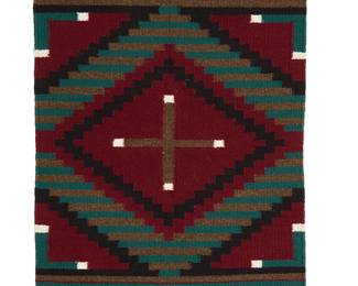 3260
A Mazie Begay Navajo weaving
Mazie Begay (b. 20th century, Diné)
Mid/late 20th century
Woven in burgundy red, teal green, dark grey, cream, and black wool with a Chief-style striped stepped diamond motif with central Spider Woman cross and banded borders to ends
24" H x 18" W
Estimate: $200 - $400