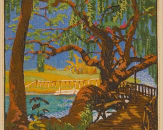 3084
Gustave Baumann
(1881-1971)
"Live Oak Landa Park," 1926
Woodcut in colors on laid paper
Number 26 from the first edition of 125
Signed "Gustave Baumann," titled, and numbered "I-26-125" in pencil, and with the artist's hand-in-heart red ink stamp, all in the lower margin
Image: 12.875" H x 12.875" W; Sheet: 14.5" H x 13.875" W
Estimate: $7,000 - $10,000