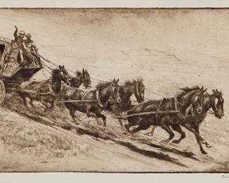 3124
Edward Borein
(1872-1945)
"The Overland Mail," 1922
Etching and drypoint on wove paper
From the edition of unknown size
Signed in pencil in the lower margin, at right: Edward Borein; with the printed signature and date 1922 in the plate at lower left; titled on a gallery label affixed to the frame's backing paper
Plate: 4.625" H x 10.125" W; Sight: 5.25" H x 10.5" W
Estimate: $700 - $900