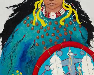 3062
Jim Nelson
(1943-2022)
"Keeper of the Shield," 1991
Acrylic on canvas
Signed, dated, and with the artist's mouse device lower left: J. Nelson / 91; titled, dated, and inscribed, all verso: "A Ghost Shield from the outlawed / Ghost Dance. The Ghost Dance / and its performance...was a / contributing factor to the mass / murder of the Sioux at Wounded / Knee.. / J. 9/93"
36" H x 24" W
Estimate: $800 - $1,200