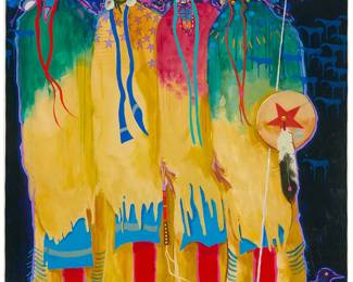 3063
Jim Nelson
(1943-2022)
Four Indigenous warriors and a crow
Offset lithograph in colors on canvas
Edition: AP 2/2
Signed and numbered in purple pigment, lower left: J. Nelson
40.5" H x 30.25" W
Estimate: $700 - $900