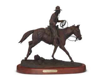 3094
Keith Christie
(1935-2017)
"La Tradición de Vaquero," 2006
Patinated bronze on a wood plinth
Edition: 4/20
Signed, dated, and numbered in the casting: © K. Christie; titled to metal plaque
Bronze: 19.5" H x 20.5" W x 8" D; Overall: 21.25" H x 23" W x 10.25" D
Estimate: $1,200 - $1,800