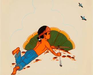 3116
Beatien Yazz
(1928-2013, Navajo/Diné)
Young hunter with bow and arrow
Gouche on paper
Signed in ink lower right: B. Yazz
Sight: 13.25" H x 13.25" W
Estimate: $300 - $500