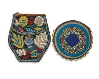 3213
Two Native American beaded pouches
Two works:

A Woodlands/Haudenosaunee Iroquois double-faced beaded pouch
Late 19th/20th century; Northeastern United States/Canada
A small shaped flapped bag with multicolored floral beadwork motifs on dark brown velvet with green ribbon trim and linen/cotton fabric lining
6" H x 5.5" W

A Plateau round double-faced beaded bag
Mid-20th century; Northwest United States/Canada
With blue and multicolored beadwork to center and blue, brown, and silver beads to edges, with scalloped bead trim
5.25" Dia.

2 pieces
Estimate: $200 - $400