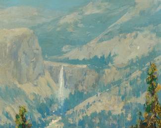 3017
Frank Howard Marshall
(1866-1945)
"Vernal and Nevada Falls," 1925
Oil on canvas laid to board
Signed lower right: F.H. Marshall; signed again, titled, dated, and inscribed in ink, possibly in another hand, on a label affixed verso: "1925 / Palo Alto. Cal. / From Glacier Point, Yosemite"
14" H x 9.5" W
Estimate: $600 - $800