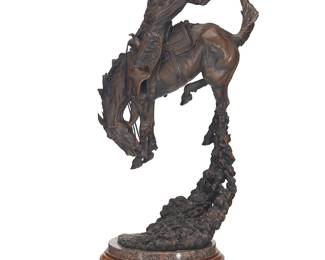 3093
Greg Kelsey
(b.1971)
"Get Off My Back," 2001
Patinated bronze on stone base and rotating wood plinth
Edition: 16/25
Signed, dated, and numbered in the casting: Gregory M. Kelsey ©; titled to metal plaque
Bronze: 29.5" H x 17.5" W x 11" D; Overall: 33.75" H x 19" W x 15" D
Estimate: $2,000 - $4,000