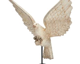 3175
A Folk Art large carved wood dove
19th/20th century
The white painted dove mounted on an enameled metal base
27.5" H x 34" W x 9" D
Estimate: $400 - $600