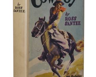 3140
Ross Santee (1888-1965)
"Cowboy," 1928
Hardcover book
Santee, Ross. "Cowboy." New York: Grosset & Dunlap, 1928
Presentation Copy, Twice Signed with Illustrations, firstly with signed, inscribed, and dated under an inked Illustration to front free end paper: For Harry F Olmstead [famed Western pulp fiction writer] / with best wishes / Ross Santee / [illegible] / 36; the second inked illustration signed and dated to tipped-in half-title
The octavo with deckled page edges and stamped illustration to front board
8" H x 5.875" W x 1.375" D
Estimate: $500 - $700