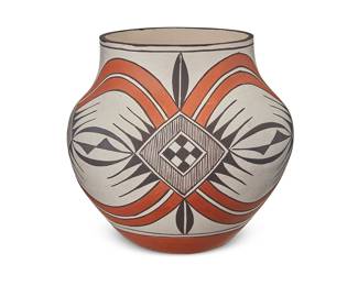 3357
Lee Ann Cheromiah (b. 1954, Laguna Pueblo)
A polychrome pottery olla, early 21st century
Signed to underside: L. A. Cheromiah / Old Laguna, N.M / [cross cipher]
The three-color jar with brown fine-line and checkers within repeating diamonds joined by geometric flourishes and orange double bands, on a white slip ground, above a puki indentation to underside
6.375" H x 7" Dia.
Estimate: $200 - $300