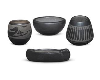 3311
A group of Southwest Pueblo blackware pottery vessels
4 works:

Maria Martinez (1887-1980, Santa Clara Pueblo)
A small blackware pottery jar, mid/late 20th century
Incised to underside: Marie / Santa Clara
With black on black Avanyu motif
3" H x 3" Dia.

Melvin Tafoya (b. 1957, Santa Clara Pueblo)
A small blackware pottery bowl, 1996
Incised to underside: Melvin Tafoya / Santa Clara Pueblo / 10-20-96
2.125" H x 5" Dia.

Toni Roller (b. 1935, Santa Clara Pueblo)
A blackware pottery canoe-form vessel
Incised to underside: Toni Roller / Santa Clara
1.625" H 5.625" W x 2.25" D

A blackware pottery jar, mid/late 20th century
Incised to underside: Pueblo / San Ildefonso / Pueblo
With black on black banded feather motif
3.625" H x 3.625" Dia.

4 pieces
Estimate: $500 - $700