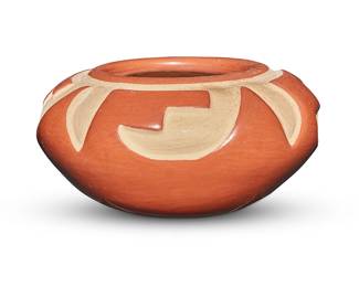 3315
Belen Tapia (1914-1999, Santa Clara Pueblo)
A redware pottery seed jar, mid-20th century
Incised to underside: Belen Tapia / Santa Clara Pue
Deeply carved with stepped and geometric motifs to shoulder with slip painted carved areas
3.375" H x 6.875" Dia.
Estimate: $100 - $200