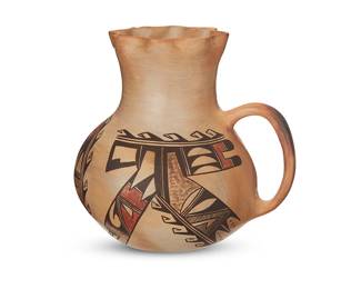 3347
Stella Huma (1929-1996, Hopi-Tewa)
A polychrome pottery water pitcher, mid/late 20th century
Signed and inscribed to underside: Stella Huma / Tribe Tewa / 1st Mesa / Polacca AZ
The three-color pitcher with piecrust rim and lug handles, featuring red and brown geometric and hooked motifs on a cream slip ground
8.5" H x 9.125" W x 7.5" D
Estimate: $100 - $200
