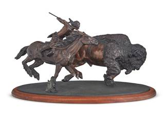 3048
Ken Bjorge
(1943-2025)
"Brothers of the Arrow," 1993
Patinated bronze on slate and wood base
Edition: 13/35
Signed, dated, and numbered in the casting: © Bjorge / 93
Overall: 13.5" H x 23" W x 11" D
Estimate: $1,000 - $2,000