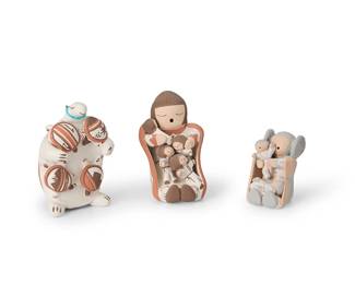 3407
A group of Isleta Pueblo storyteller pottery figures
Late 20th/21st century
Three works:

Christine Teller (b. 1960, Isleta Pueblo)
Two polychrome pottery figures
Each signed to underside: C. Teller / Isleta, N.M.
Including one figure with a long braid and four children and a smaller figure in grey and white holding two infants, with whorled hairstyle, and a turquoise bead necklace
Larger: 4.5" H x 3.125" W x 4.5" D; Smaller: 3" H x 2" W x 2.75" D
2 pieces

Mona Teller (b. 1956, Isleta Pueblo)
A polychrome pottery turtle storyteller figure
Signed to underside: Mona Teller / Isleta N.M.
A standing turtle figure wearing a turquoise bead necklace, with four turtle children
5" H x 3.5" W x 3" D

3 pieces total
Estimate: $200 - $400