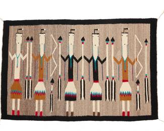 3183
A Navajo Yei textile
Late 20th century, Diné
Woven in black, grey, red, turquoise, and ochre wool with five standing Yei figures, holding arrows and bows
34" H x 52.5" W
Estimate: $200 - $400