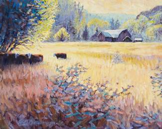 3033
William Battermann
(20th century)
"Heading for the Shade"
Oil on Masonite
With the incised signature lower left: WE Battermann; signed again, verso; titled on a label affixed verso
18" H x 24" W
Estimate: $600 - $800