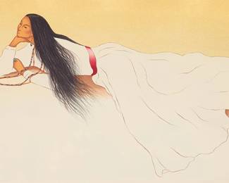 3112
R.C. Gorman
(1932-2005, Navajo/Diné)
"Frida," 2003
Lithograph in colors on wove paper
Edition: 30/100
Signed, dated, and numbered in pencil along the lower edge: R.C. Gorman 2003; Western Graphics Workshop, prntr. and pub., no blindstamps visible on the recto; with the artist's blindstamp in the lower left corner, and a "Houston" blindstamp in the lower right corner
Sight: 19.5" H x 33" W
Estimate: $300 - $500