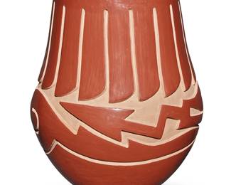 3313
Vicky Martinez Tafoya (b. 1967, Santa Clara Pueblo)
A redware pottery jar, early 21st century
Incised to underside: Vicky Mrtz Tafoya / Santa Clara Pueblo
With deeply carved Avanyu motif to the body and banded feather motif to neck, with slip paint to carved areas
12.5" H x 10.25" Dia.
Estimate: $700 - $900