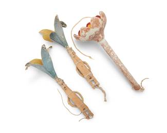 3275
A group of Hopi Pueblo dance wands
Late 19th/early 20th century; Southwestern United States
Comprising a painted wood and carved gourd floral shaped dance wand (12" H x 5" Dia.) as well as two blue and yellow painted hide flower dance wands mounted with string to carved wood sticks (Each: 11.5" H x 5" & 6" W)
3 pieces
Estimate: $600 - $900