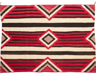 3197
A Navajo Third Phase Revival wearing blanket
Early/mid-20th century, Diné
With bands and stepped diamonds, woven in red, dark brown, cream, and natural grey wool
55" H x 76" W
Estimate: $2,000 - $4,000