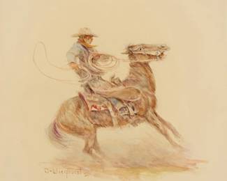 3128
Olaf Wieghorst
(1899-1988)
Roper on horseback, 1920
Watercolor and traces of graphite on paperboard
Signed and with the artist's 2C device at lower left: O-Weighorst ©
16" H x 13.875" W
Estimate: $3,000 - $5,000
