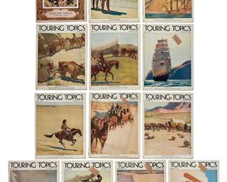 3148
Maynard Dixon (1875-1946)
A collection of "Touring Topics" magazines with illustrated covers, 1929-1930
Staple-bound with soft wrappers
Hanna, Phil Townsend, ed. "Touring Topics." February 1929 & January-December 1930
The collection includes all 12 issues of the magazine from the year 1930, and one issue from February 1929, each cover with color illustrations by Maynard Dixon
13 pieces
Each: 12.125" H x 9.5" W; Together: 2.125" D
Estimate: $300 - $500