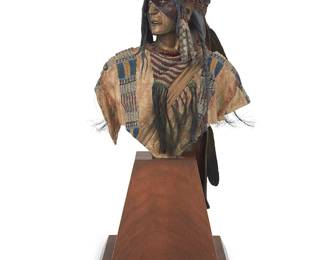 3040
Dave McGary
(1958-2013)
"Short Bull" from the "Warrior Series," 1993
Cold-painted bronze on rotating wood plinth
Edition: 2/75
Signed, dated, and numbered in the casting: Dave McGary; with applied thumbprint pastille; artist name and title to metal plaque applied to plinth
Bronze: 17" H x 9.25" W x 7.5" D; Overall: 19.25" H x 9.25" W x 10" D
Estimate: $2,000 - $3,000
