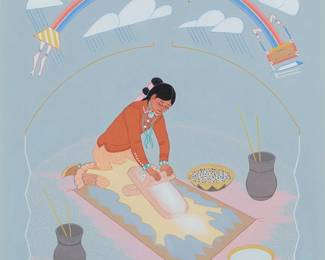 3111
Harrison (Haskay Yahne Yah) Begay
(1917-2012, Navajo/Diné)
Mashing corn
Gouache on light blue paper
Signed lower left and right: Haskay Yahne Yah / Harrison Begay
Sight: 14" H x 12" W
Estimate: $300 - $500