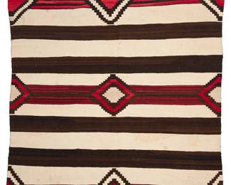 3199
A Navajo Third Phase revival wearing blanket
Early 20th century, Diné
With stripes and stepped diamonds, woven in dark brown, red, and cream wool
59.5" H x 62.5" W
Estimate: $700 - $900