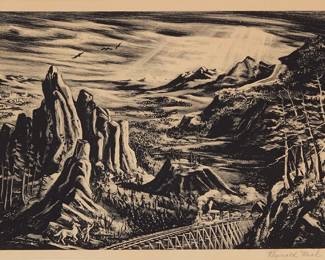 3123
Reginald Neal
(1909-1992)
"The Gold Train," 1945
Lithograph on paper
From the edition of 250
Signed in pencil in the lower margin, at right: Reginald Neal; titled on the publisher's label affixed to the frame's backing paper; Associated American Artists, New York, NY, pub.
Image: 8.5" H x 12.75" W; Sight: 9.25" H x 13.25" W
Estimate: $200 - $300